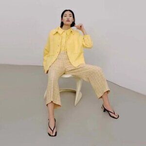 NWT Zara yellow tan & white tweed cropped wide leg culottes, L